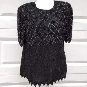 Laurence Kazar Beaded Sequined Top Womens Sz L Black VTG 100% Silk Glam VTG